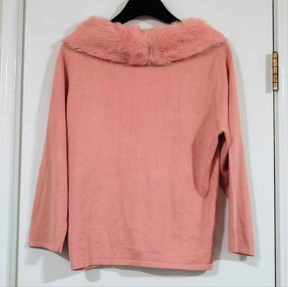 Laundry Shelli Segal Silk Rabbit Fur Sweater Women's Large Pink Fur Collar Soft - Picture 6 of 10